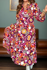 Printed Johnny Collar Long Sleeve Midi Dress Floral OutfitFlow